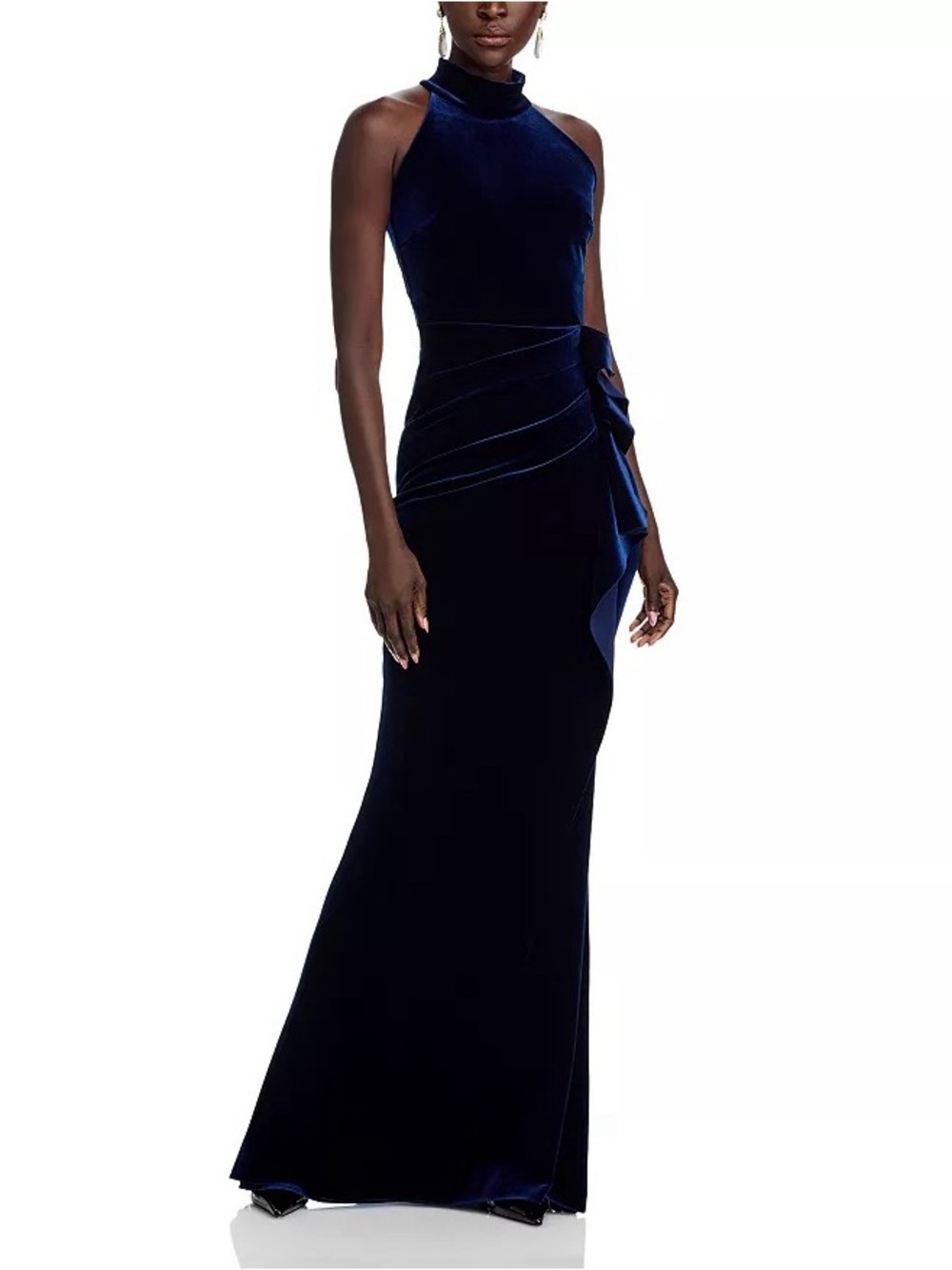 Chiara Boni Midnight Navy Velvet Halter Maxi Gown